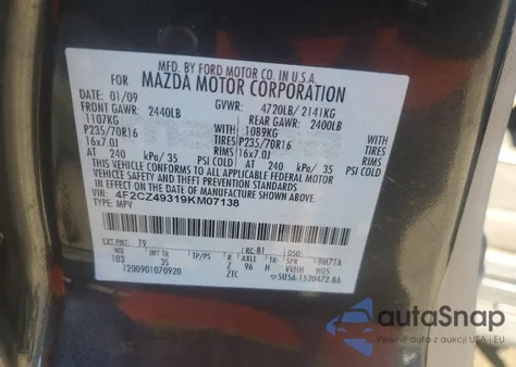 2009 Mazda Tribute Hybrid z USA, uszkodzony, nr VIN 4F2CZ49319KM07138